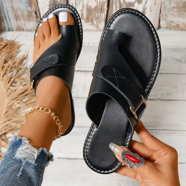 Momount Donna Sandali Bassi – Pelle Nera Anello al Dito Slide con Fibbia