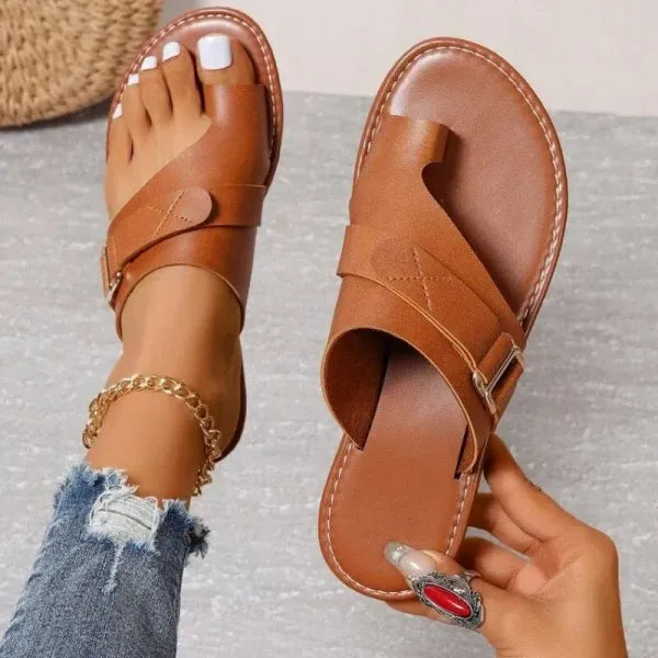 Momount Donna Sandali Bassi – Pelle Nera Anello al Dito Slide con Fibbia