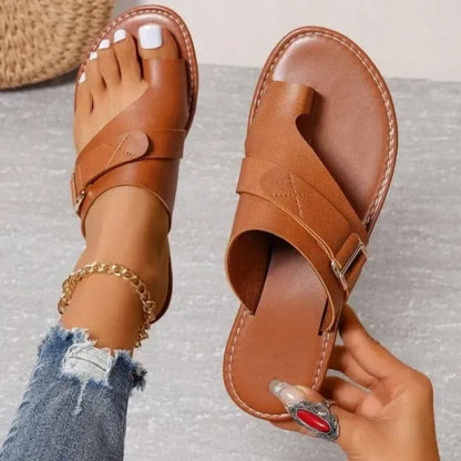 Momount Donna Sandali Bassi – Pelle Nera Anello al Dito Slide con Fibbia