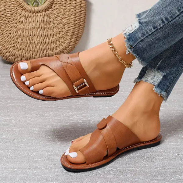 Momount Donna Sandali Bassi – Pelle Nera Anello al Dito Slide con Fibbia