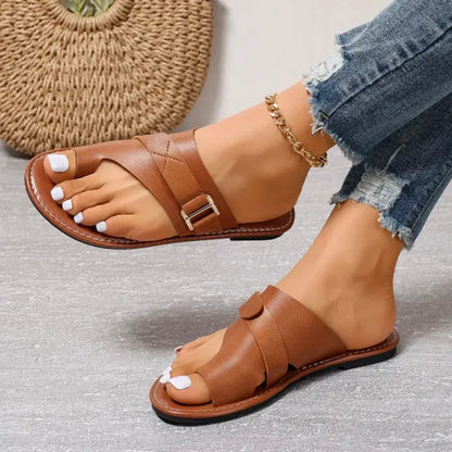 Momount Donna Sandali Bassi – Pelle Nera Anello al Dito Slide con Fibbia