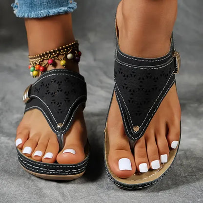 Momount Donna Sandali Ortopedici con Zeppa – Neri Tagli Laser Tira a T Estivi