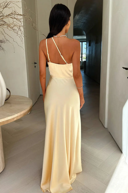 Aurelia | Vestito Maxi Elegante in Raso Monospalla Drappeggiato Spacco Alto Estivo