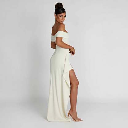 Daniela | Vestito Maxi Elegante Spalle Scoperte Drappeggiato Spacco Alto da Sera