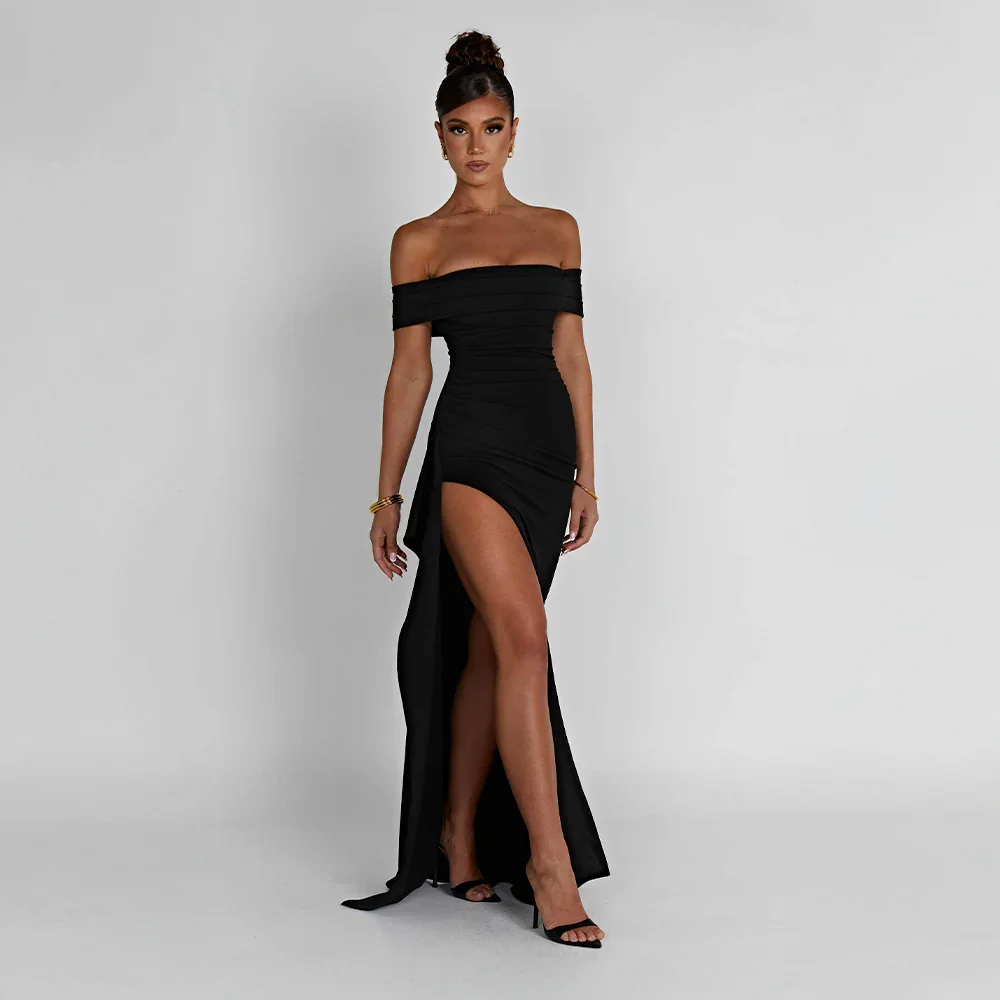 Daniela | Vestito Maxi Elegante Spalle Scoperte Drappeggiato Spacco Alto da Sera