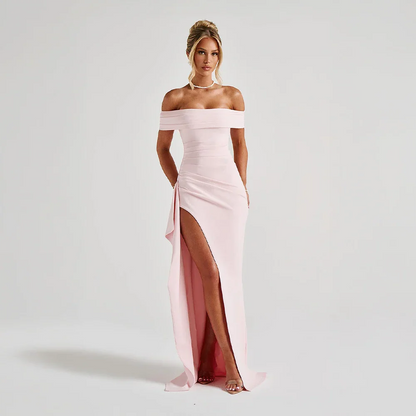 Daniela | Vestito Maxi Elegante Spalle Scoperte Drappeggiato Spacco Alto da Sera