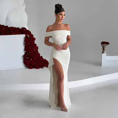 Daniela | Vestito Maxi Elegante Spalle Scoperte Drappeggiato Spacco Alto da Sera