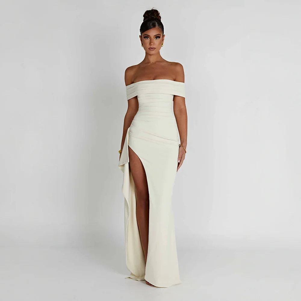 Daniela | Vestito Maxi Elegante Spalle Scoperte Drappeggiato Spacco Alto da Sera