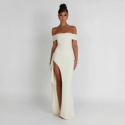 Daniela | Vestito Maxi Elegante Spalle Scoperte Drappeggiato Spacco Alto da Sera
