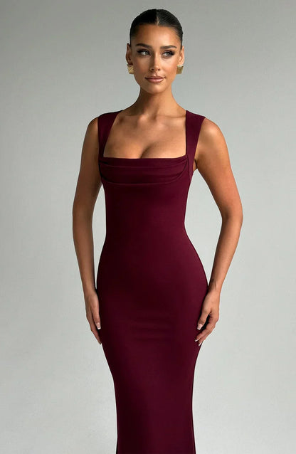 Allegra | Vestito Maxi Elegante in Raso Scollo all'Americana Schiena Nuda da Sera