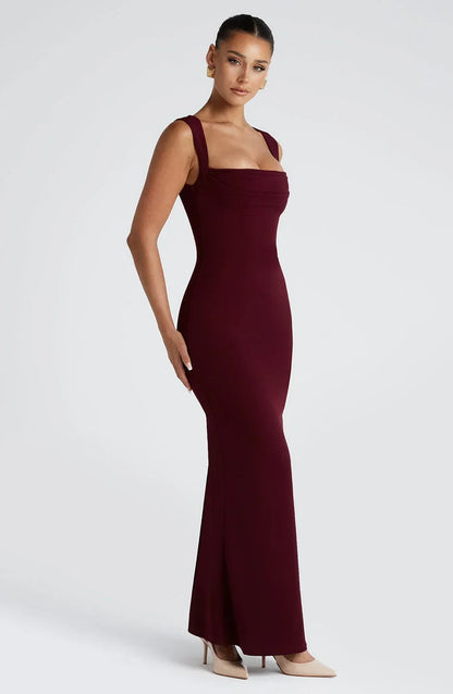 Allegra | Vestito Maxi Elegante in Raso Scollo all'Americana Schiena Nuda da Sera