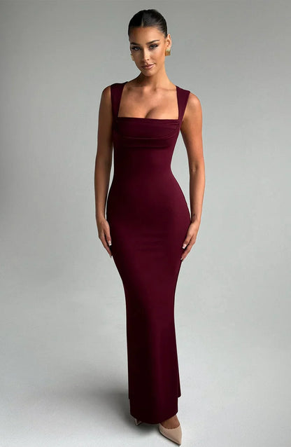 Allegra | Vestito Maxi Elegante in Raso Scollo all'Americana Schiena Nuda da Sera