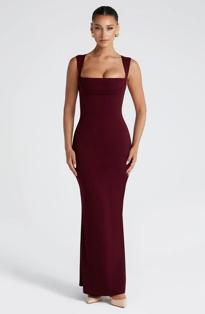 Allegra | Vestito Maxi Elegante in Raso Scollo all'Americana Schiena Nuda da Sera