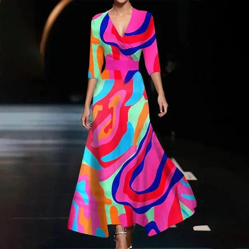 Florentia | Vestito Maxi Audace Stampa Floreale Scollo a V a Portafoglio con Cintura Estivo
