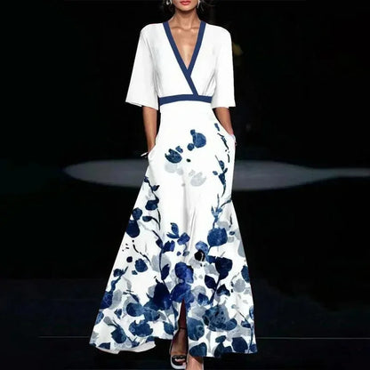 Florentia | Vestito Maxi Audace Stampa Floreale Scollo a V a Portafoglio con Cintura Estivo