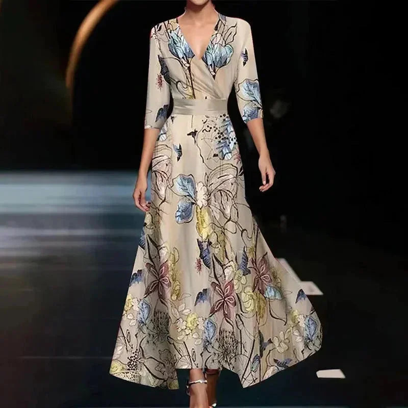 Florentia | Vestito Maxi Audace Stampa Floreale Scollo a V a Portafoglio con Cintura Estivo