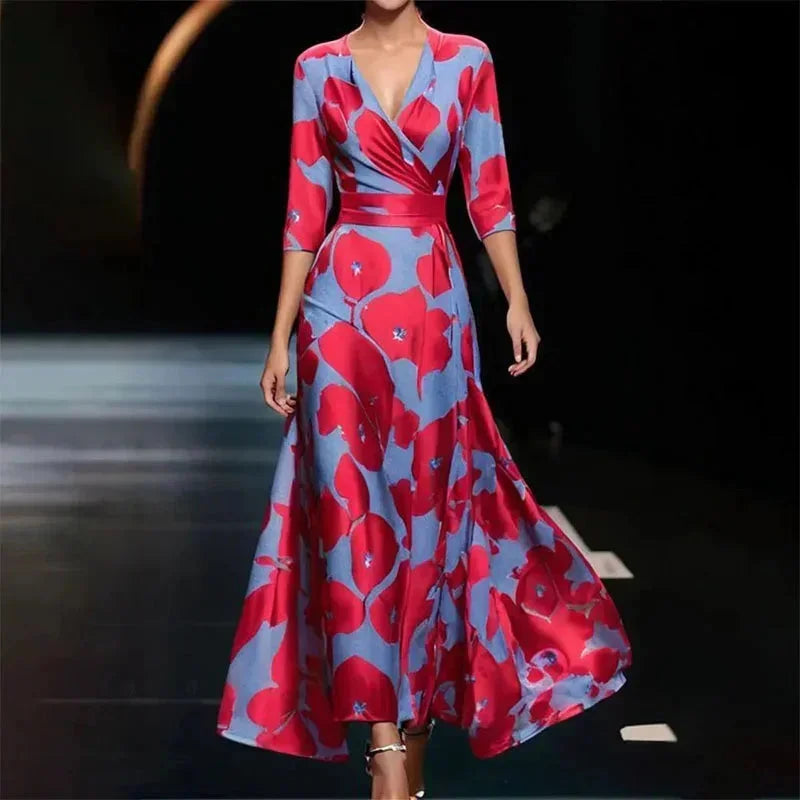 Florentia | Vestito Maxi Audace Stampa Floreale Scollo a V a Portafoglio con Cintura Estivo