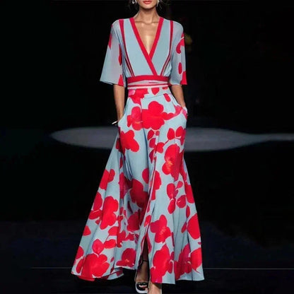 Florentia | Vestito Maxi Audace Stampa Floreale Scollo a V a Portafoglio con Cintura Estivo