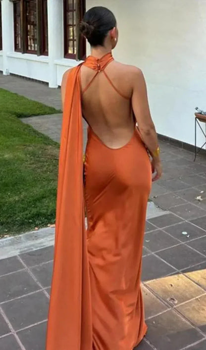 Ottavia | Vestito Maxi Drappeggiato in Raso Monospalla con Mantellina da Sera