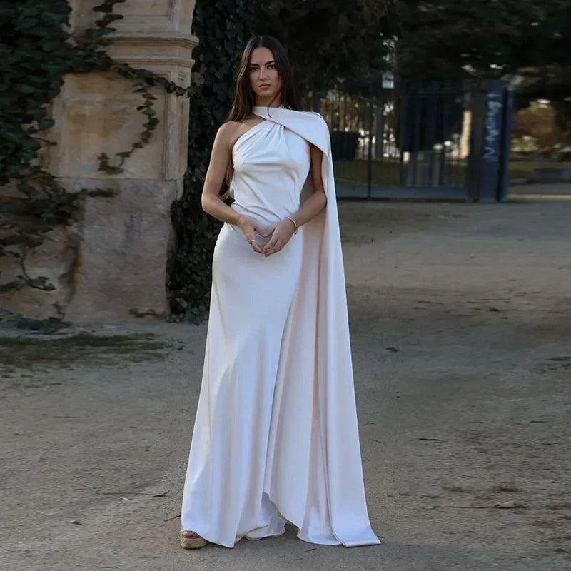 Ottavia | Vestito Maxi Drappeggiato in Raso Monospalla con Mantellina da Sera