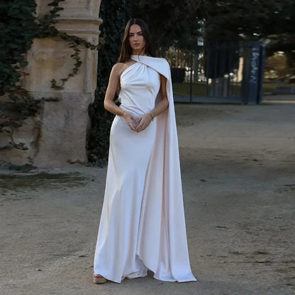 Ottavia | Vestito Maxi Drappeggiato in Raso Monospalla con Mantellina da Sera