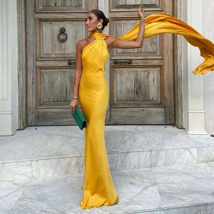 Ottavia | Vestito Maxi Drappeggiato in Raso Monospalla con Mantellina da Sera