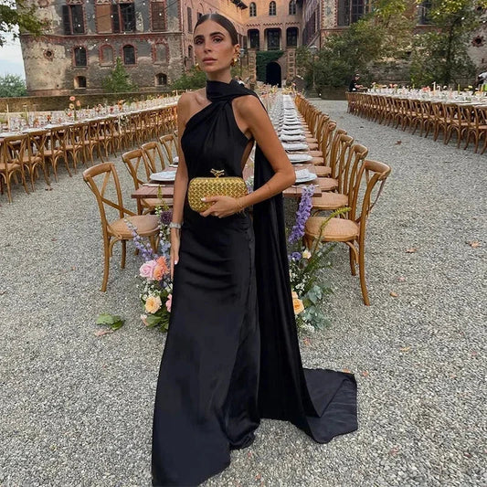 Ottavia | Vestito Maxi Drappeggiato in Raso Monospalla con Mantellina da Sera