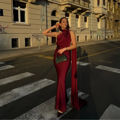 Ottavia | Vestito Maxi Drappeggiato in Raso Monospalla con Mantellina da Sera