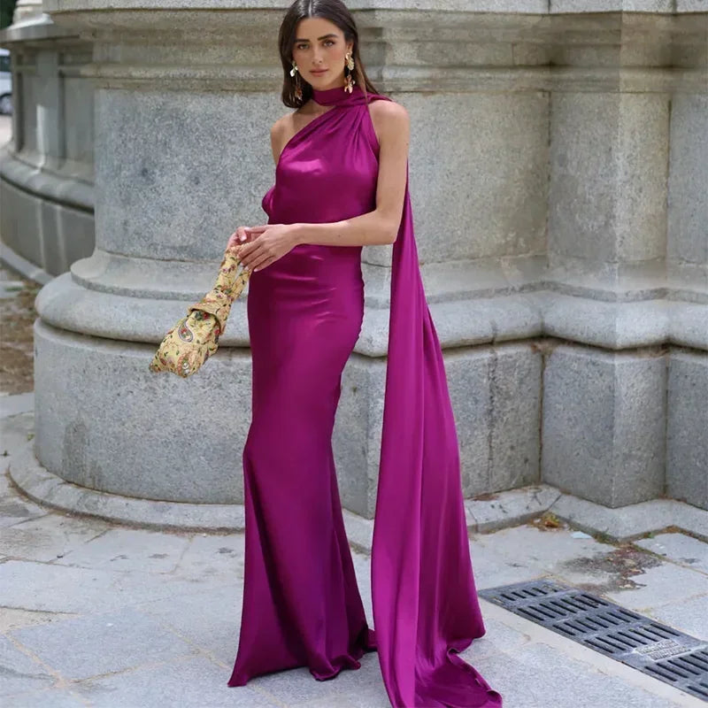 Ottavia | Vestito Maxi Drappeggiato in Raso Monospalla con Mantellina da Sera