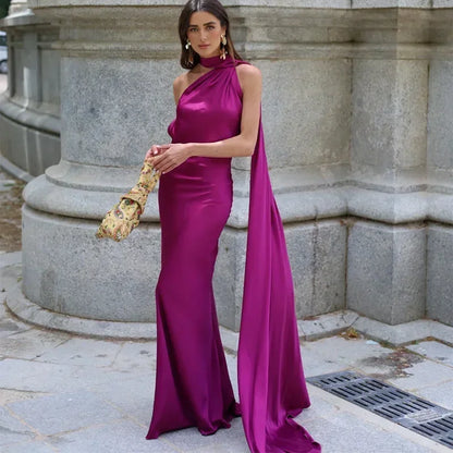 Ottavia | Vestito Maxi Drappeggiato in Raso Monospalla con Mantellina da Sera