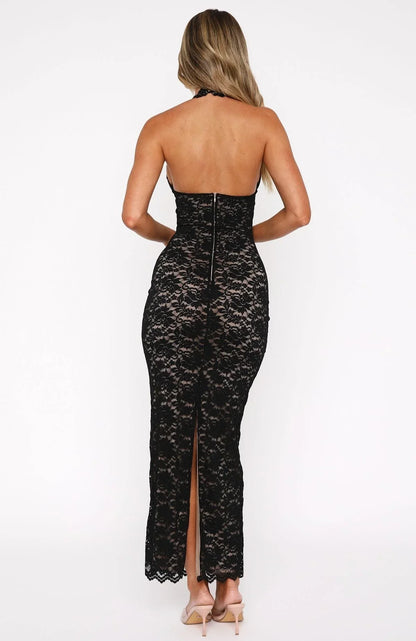 Anatolia | Vestito Maxi Elegante Pizzo Floreale Scollo all'Americana Schiena Nuda da Sera
