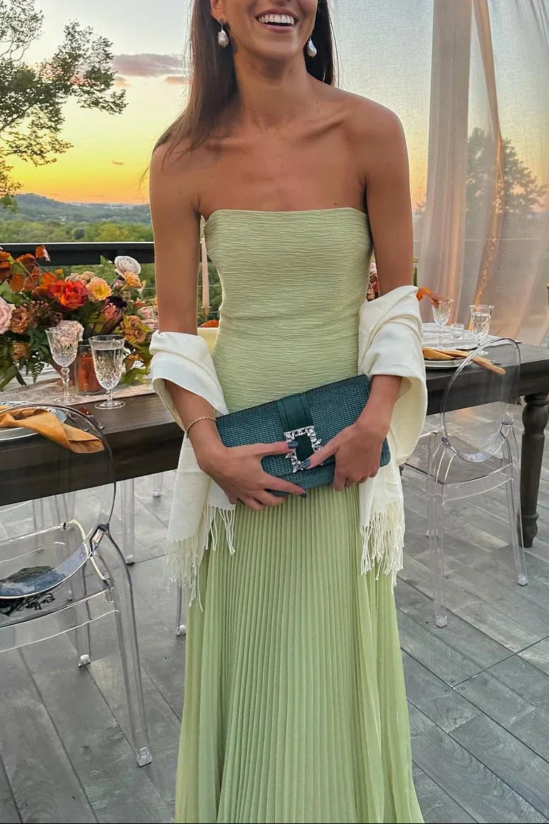 Emiliana | Vestito Maxi Plissettato in Raso Spacco Spalline Fluido da Sera