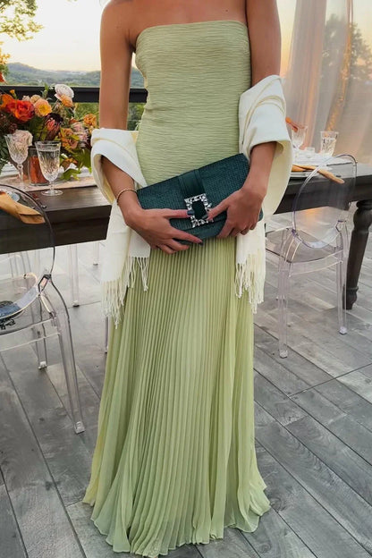 Emiliana | Vestito Maxi Plissettato in Raso Spacco Spalline Fluido da Sera