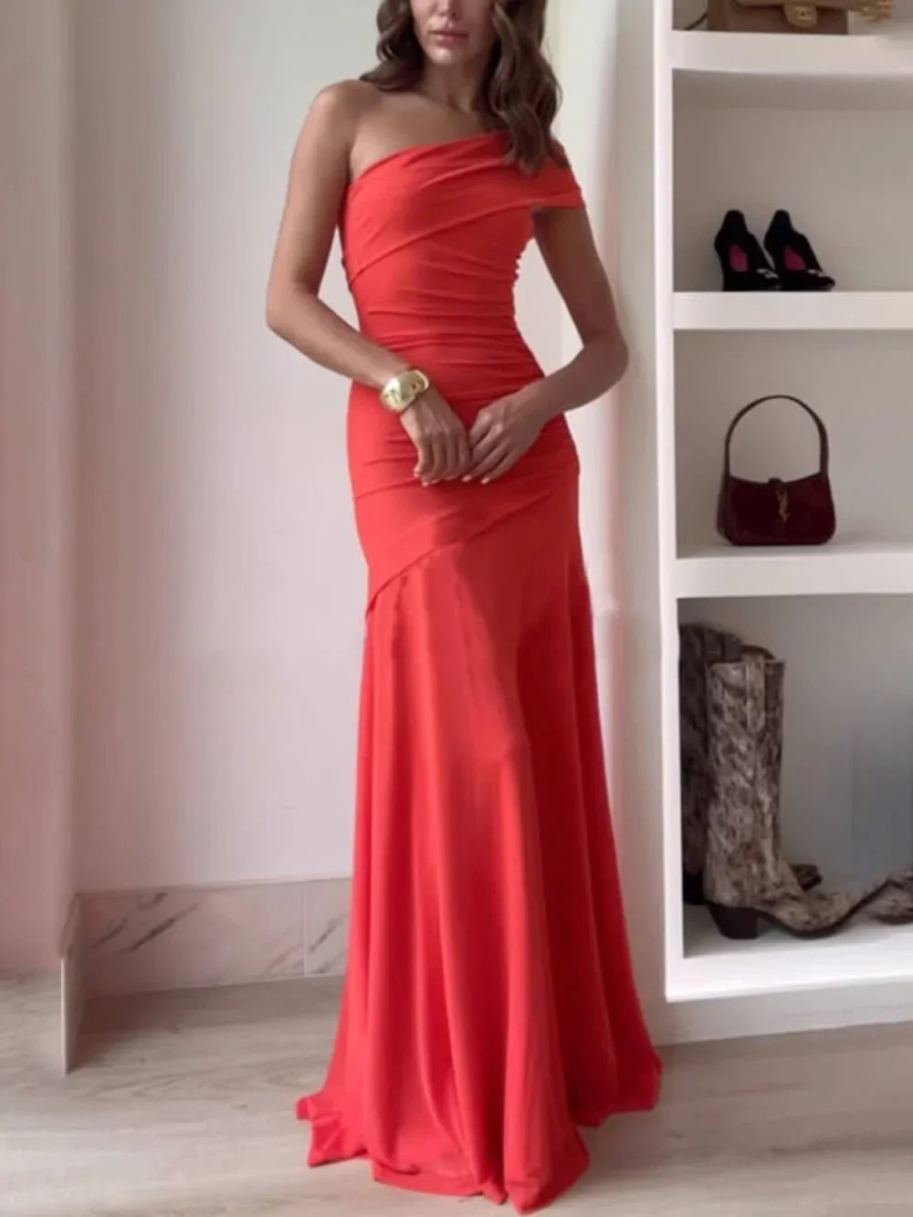 Eliana | Vestito Maxi Elegante Monospalla Drappeggiato Asimmetrico da Sera
