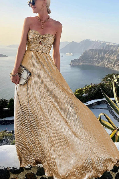 Theodora | Vestito Maxi Glam Shimmer Plissettato Senza Spalline Nodo da Sera