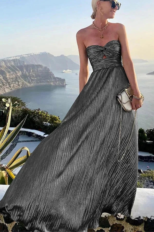 Theodora | Vestito Maxi Glam Shimmer Plissettato Senza Spalline Nodo da Sera