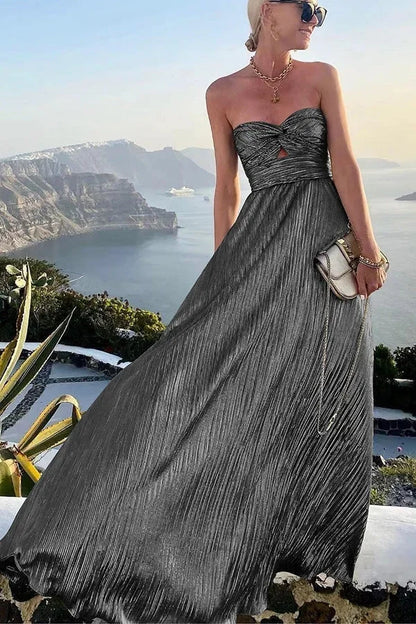 Theodora | Vestito Maxi Glam Shimmer Plissettato Senza Spalline Nodo da Sera