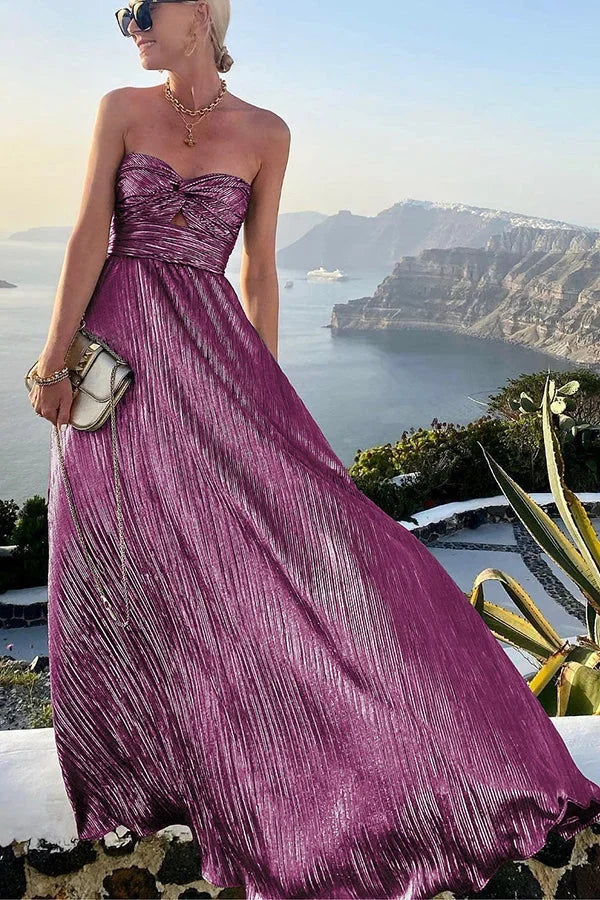 Theodora | Vestito Maxi Glam Shimmer Plissettato Senza Spalline Nodo da Sera