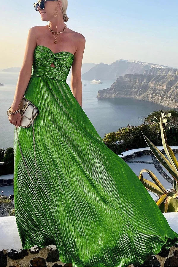 Theodora | Vestito Maxi Glam Shimmer Plissettato Senza Spalline Nodo da Sera