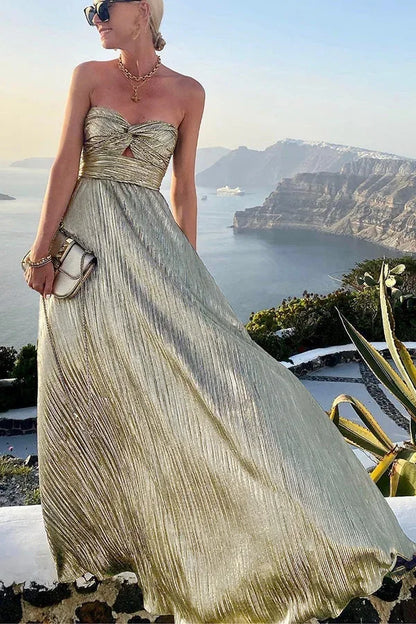 Theodora | Vestito Maxi Glam Shimmer Plissettato Senza Spalline Nodo da Sera