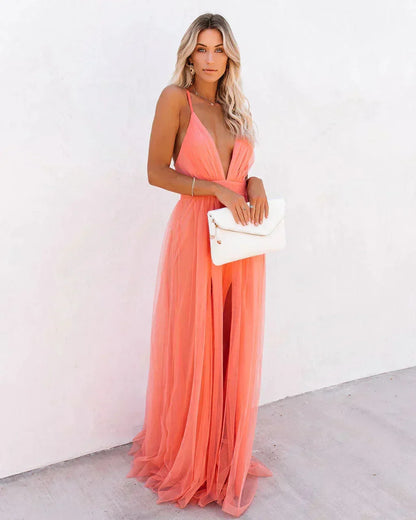 Damiana | Vestito Maxi Etereo in Tulle Scollo a V Schiena Nuda Fluido da Sera