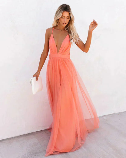 Damiana | Vestito Maxi Etereo in Tulle Scollo a V Schiena Nuda Fluido da Sera
