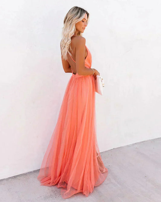 Damiana | Vestito Maxi Etereo in Tulle Scollo a V Schiena Nuda Fluido da Sera