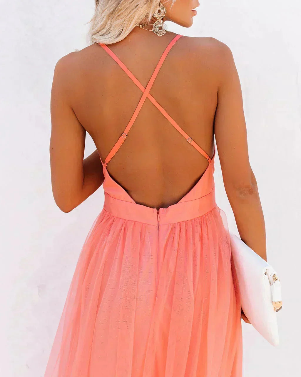 Damiana | Vestito Maxi Etereo in Tulle Scollo a V Schiena Nuda Fluido da Sera
