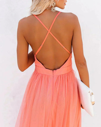Damiana | Vestito Maxi Etereo in Tulle Scollo a V Schiena Nuda Fluido da Sera