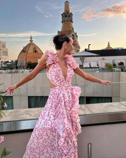 Citania | Vestito Maxi Floreale Senza Maniche Scollo a V Romantico Estivo