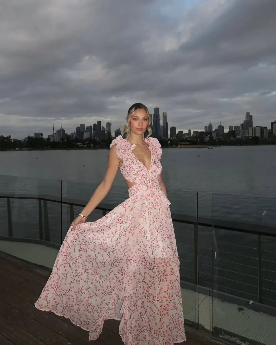 Citania | Vestito Maxi Floreale Senza Maniche Scollo a V Romantico Estivo