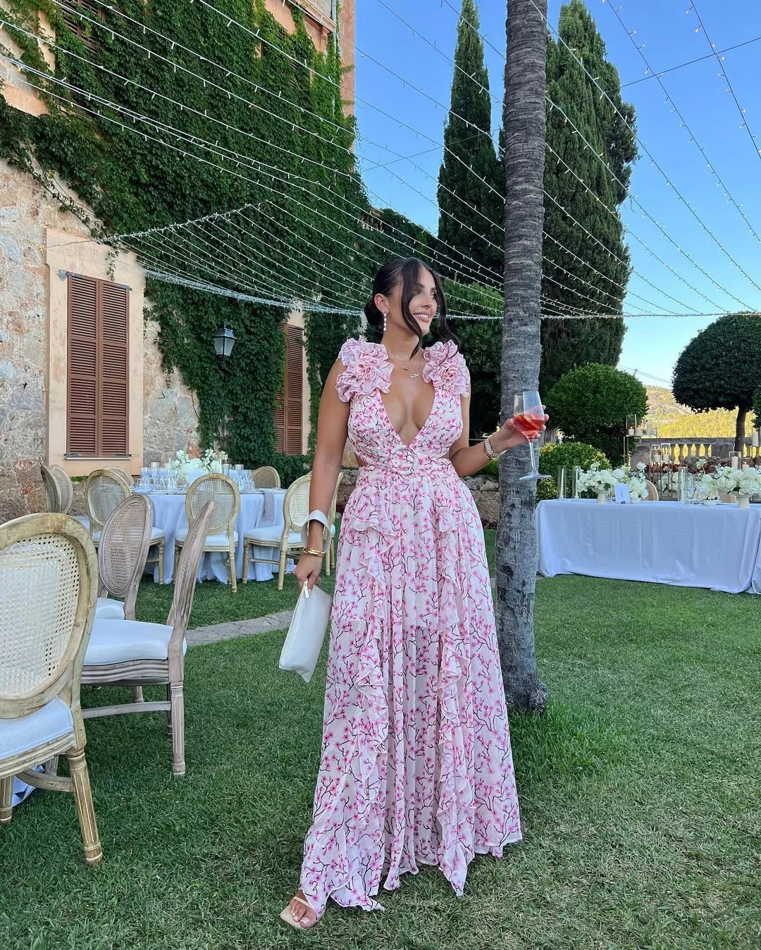 Citania | Vestito Maxi Floreale Senza Maniche Scollo a V Romantico Estivo