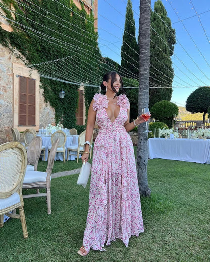 Citania | Vestito Maxi Floreale Senza Maniche Scollo a V Romantico Estivo
