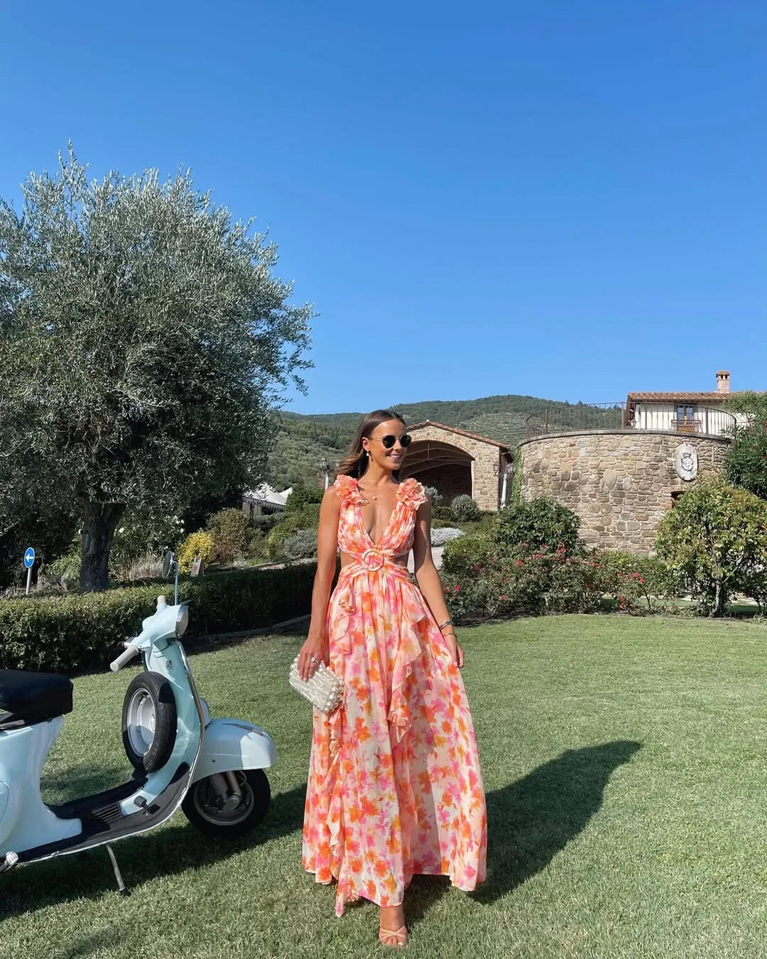 Citania | Vestito Maxi Floreale Senza Maniche Scollo a V Romantico Estivo